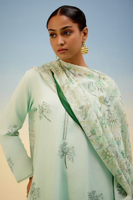 Buy_Shetab Kazmi_Aqua Cotton Embroidery, Cut Work, Tassels Round Neck Kurta Pant Set _Online_at_Aza_Fashions