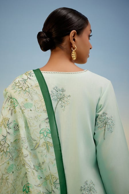 Shop_Shetab Kazmi_Aqua Cotton Embroidery, Cut Work, Tassels Round Neck Kurta Pant Set _Online_at_Aza_Fashions
