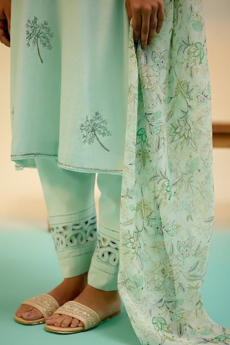 Shetab Kazmi_Aqua Cotton Embroidery, Cut Work, Tassels Round Neck Kurta Pant Set _at_Aza_Fashions
