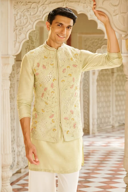 Buy_Contrast By Parth_Mint Silk Embroidery, Mirrors Bani Nehru Jacket And Kurta Set _Online_at_Aza_Fashions