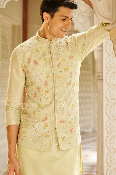 Shop_Contrast By Parth_Mint Silk Embroidery, Mirrors Bani Nehru Jacket And Kurta Set _Online_at_Aza_Fashions