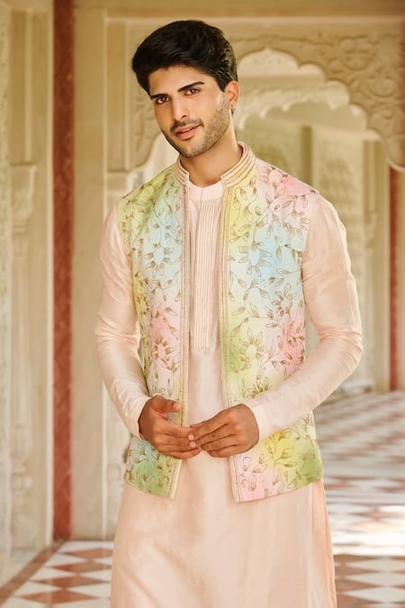 Buy_Contrast By Parth_Ivory Silk Embroidery Nehru Jacket Kurta And Pant Set _Online_at_Aza_Fashions