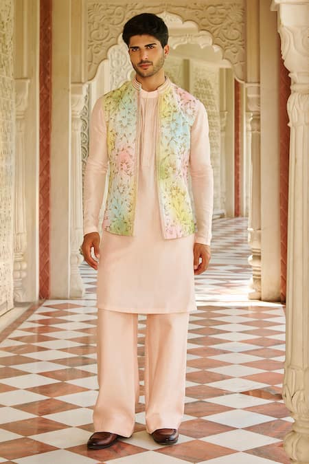 Contrast By Parth Ivory Silk Embroidery Nehru Jacket Kurta And Pant Set 