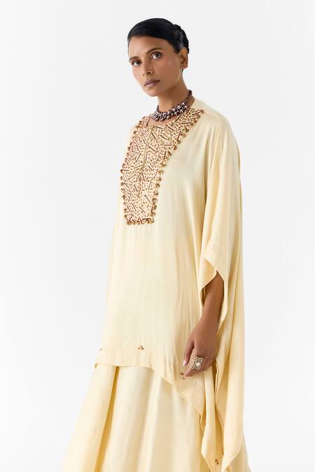 Shop_Studio Rigu_Ivory Viscose Embroidery Round Neck Pearl Kimono And Knot Skirt _Online_at_Aza_Fashions