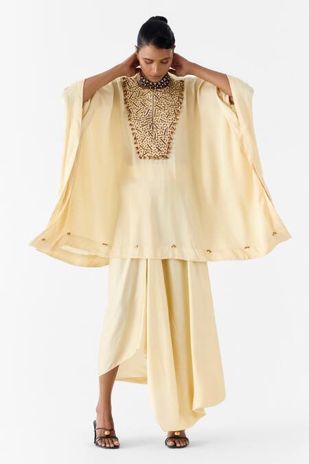 Studio Rigu_Ivory Viscose Embroidery Round Neck Pearl Kimono And Knot Skirt _at_Aza_Fashions