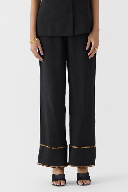 Studio Rigu_Black Viscose, Linen Studs, Embroidery Square Neck Onyx Shirt And Trouser Set _Online_at_Aza_Fashions