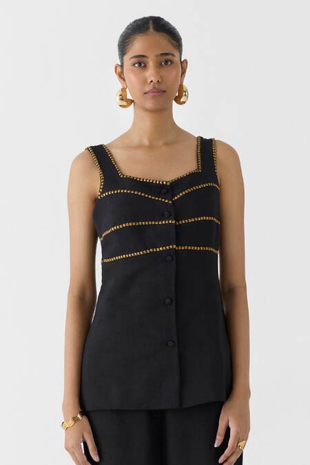 Buy_Studio Rigu_Black Viscose, Linen Studs, Embroidery Square Neck Onyx Shirt And Trouser Set _Online_at_Aza_Fashions