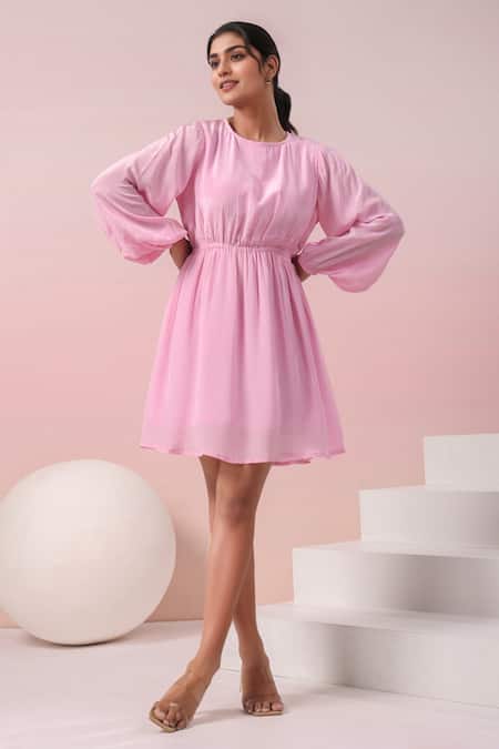 Naintara Bajaj_Pink Crepe Round Neck Candy Backless Dress _at_Aza_Fashions