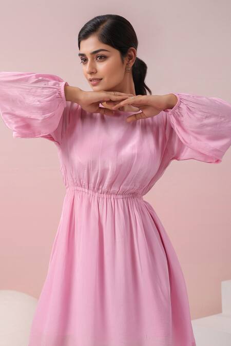 Shop_Naintara Bajaj_Pink Crepe Round Neck Candy Backless Dress 