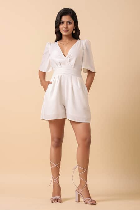 Buy_Naintara Bajaj_White Rayon V-neck Ivory Playsuit _Online_at_Aza_Fashions