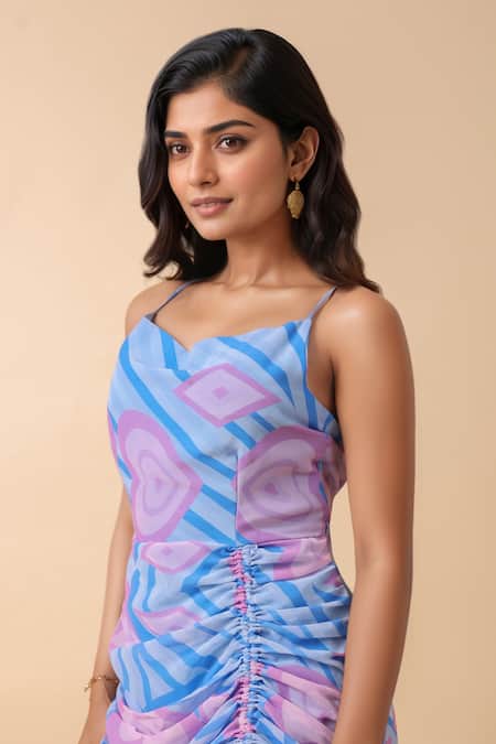 Shop_Naintara Bajaj_Blue Georgette Cowl , Halter Multicolor Printed Dress _Online_at_Aza_Fashions