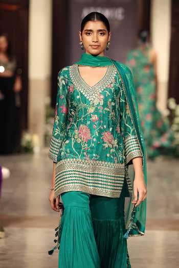 Basanti Kapde aur Koffee Green Chiffon Embroidered Kurta Sharara Set 