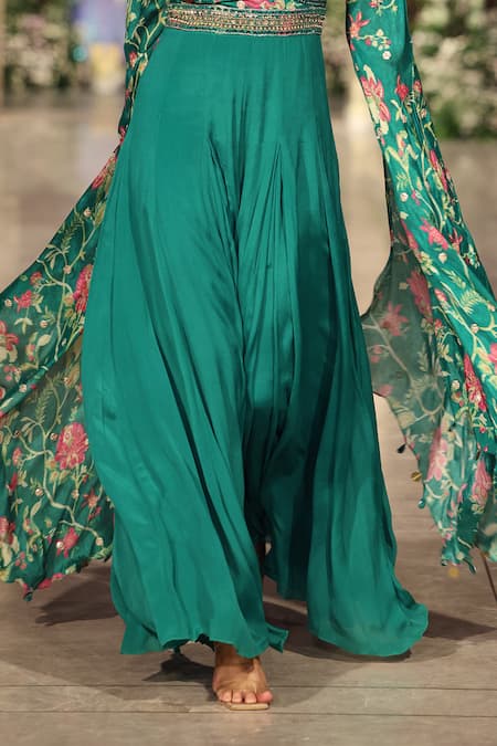 Basanti - Kapde Aur Koffee_Green Chiffon Sequins, Beads, Embroidery V-neck Jumpsuit_Online_at_Aza_Fashions