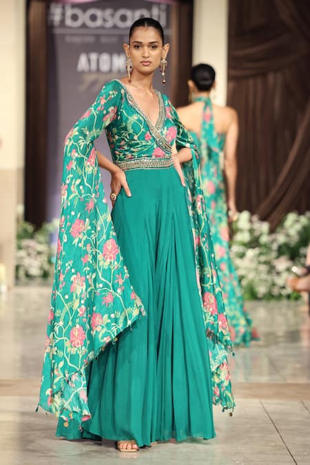 Basanti - Kapde Aur Koffee Green Chiffon Embroidered Jumpsuit 