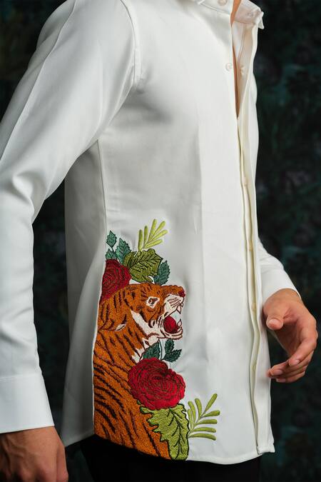 House Of Koa_White Crepe Embroidery Jungle Whisper Shirt _Online_at_Aza_Fashions