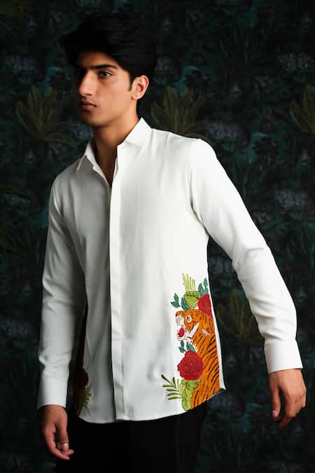 House Of Koa White Crepe Embroidery Jungle Whisper Shirt 