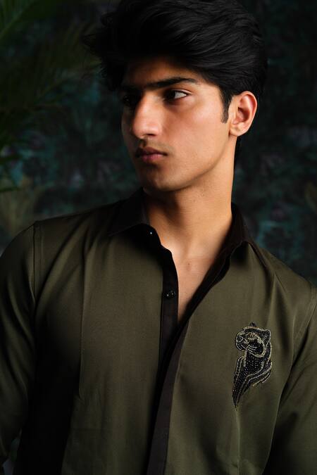 House Of Koa_Olive Green Crepe Embroidery Jungle Phantom Shirt _Online_at_Aza_Fashions