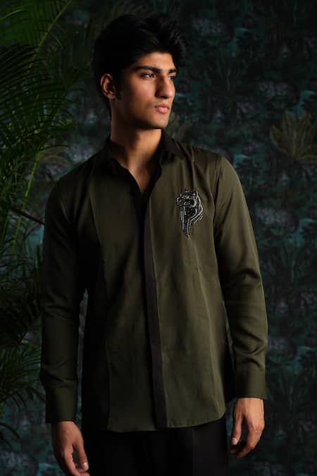 House Of Koa Olive Green Crepe Embroidery Jungle Phantom Shirt 