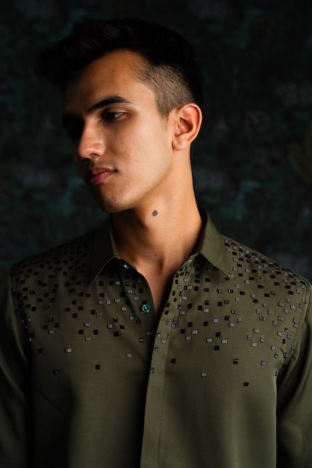 House Of Koa_Olive Green Crepe Embroidery Form And Fade Shirt _Online_at_Aza_Fashions