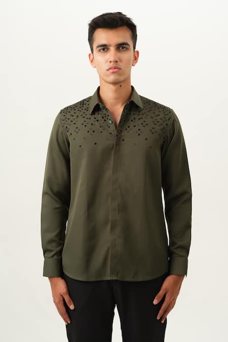 Buy_House Of Koa_Olive Green Crepe Embroidery Form And Fade Shirt _Online_at_Aza_Fashions