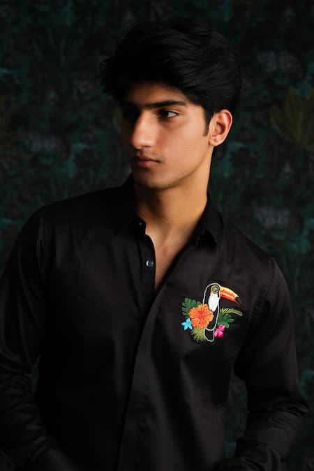 House Of Koa_Black Satin Embroidery Tropical Crest Shirt _Online_at_Aza_Fashions