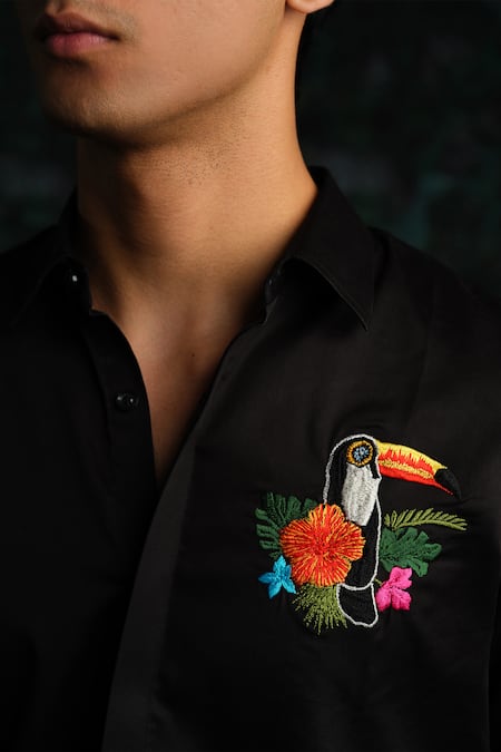 Buy_House Of Koa_Black Satin Embroidery Tropical Crest Shirt _Online_at_Aza_Fashions