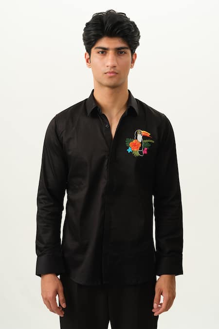 Shop_House Of Koa_Black Satin Embroidery Tropical Crest Shirt _Online_at_Aza_Fashions