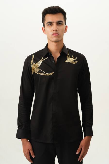 House Of Koa_Black Satin Embroidery Gilded Spirits Shirt _Online_at_Aza_Fashions