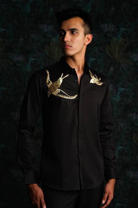 Buy_House Of Koa_Black Satin Embroidery Gilded Spirits Shirt _Online_at_Aza_Fashions