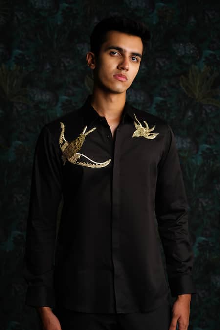 House Of Koa Black Satin Embroidery Gilded Spirits Shirt 
