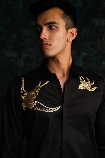 Shop_House Of Koa_Black Satin Embroidery Gilded Spirits Shirt _Online_at_Aza_Fashions