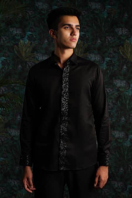 House Of Koa Black Satin Embroidery Cheetah Blaze Shirt 