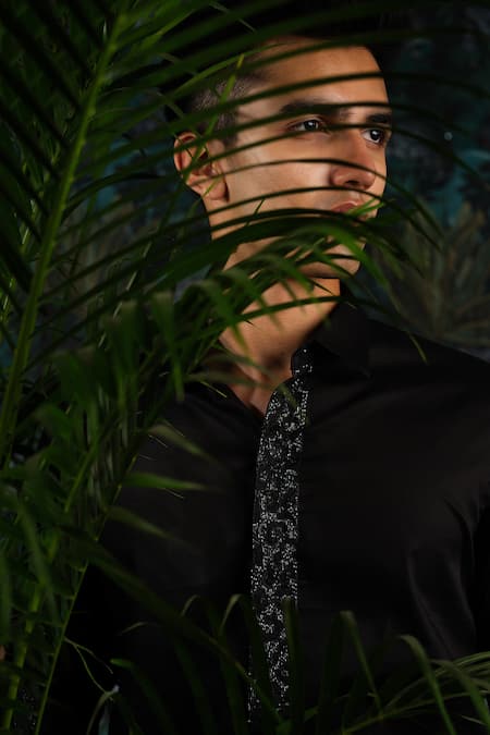 House Of Koa_Black Satin Embroidery Cheetah Blaze Shirt _Online_at_Aza_Fashions