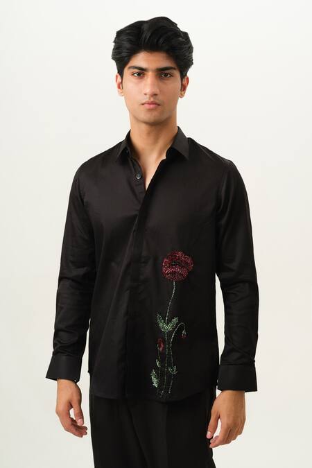 House Of Koa_Black Satin Embroidery Crimson Bloom Shirt _Online_at_Aza_Fashions