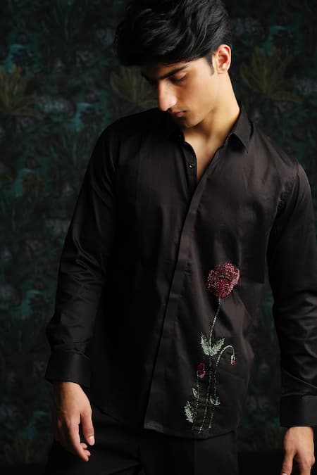 Buy_House Of Koa_Black Satin Embroidery Crimson Bloom Shirt _Online_at_Aza_Fashions