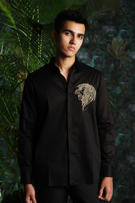 House Of Koa Black Satin Embroidery Jungle King Shirt