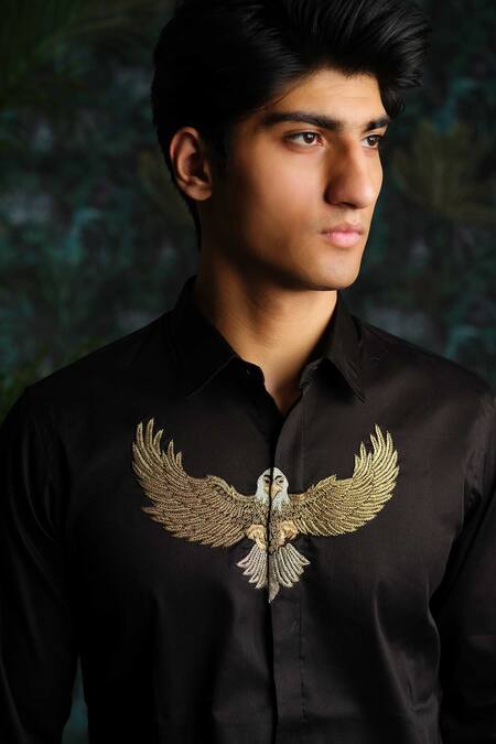 House Of Koa_Black Satin Embroidery Bird Of Prey Shirt _Online_at_Aza_Fashions
