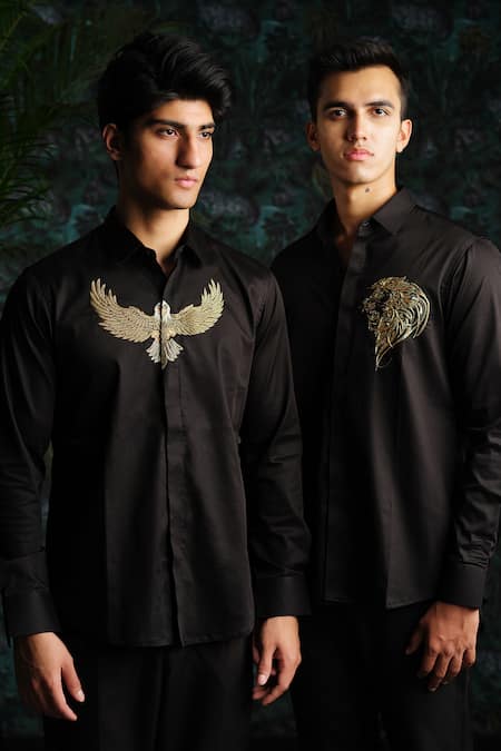 Buy_House Of Koa_Black Satin Embroidery Bird Of Prey Shirt _Online_at_Aza_Fashions