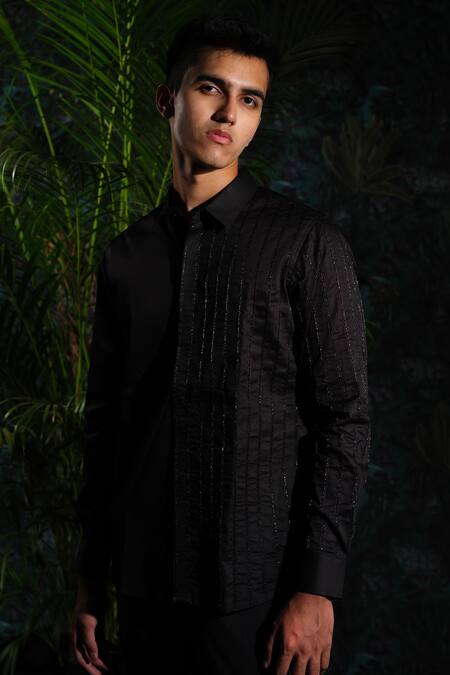 Buy_House Of Koa_Black Satin Embroidery Shadow Grid Shirt _Online_at_Aza_Fashions