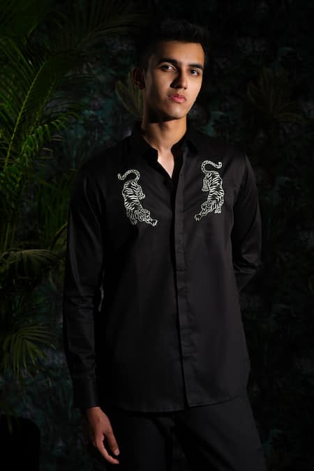 House Of Koa Black Satin Embroidery Tigris Shirt