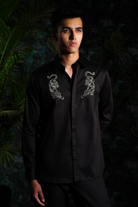 House Of Koa_Black Satin Embroidery Tigris Shirt _Online_at_Aza_Fashions