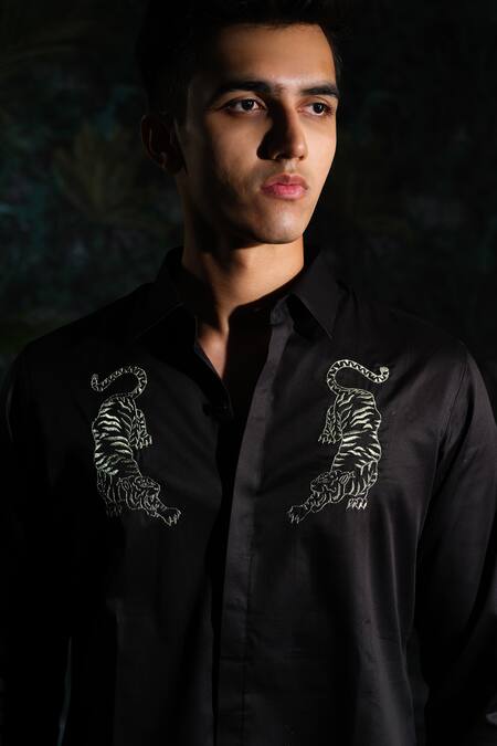 Buy_House Of Koa_Black Satin Embroidery Tigris Shirt _Online_at_Aza_Fashions