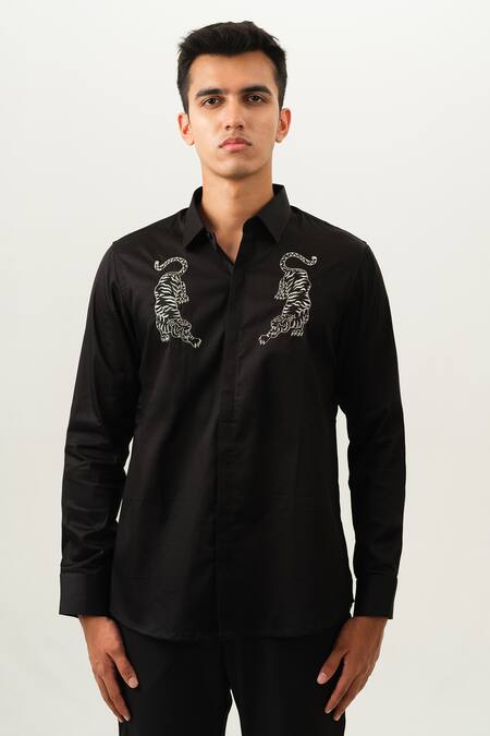 Shop_House Of Koa_Black Satin Embroidery Tigris Shirt _Online_at_Aza_Fashions