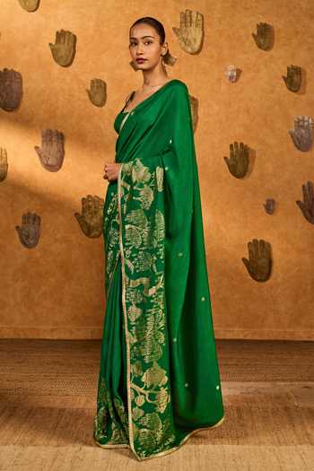 Buy_Masaba_Green Jacquard Zari Zen Saree With Unstitched Blouse Piece_Online_at_Aza_Fashions