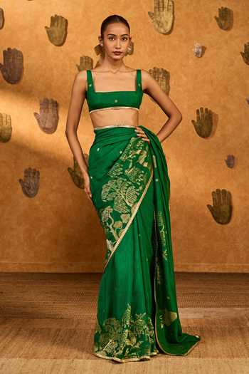 Shop_Masaba_Green Jacquard Zari Zen Saree With Unstitched Blouse Piece_Online_at_Aza_Fashions
