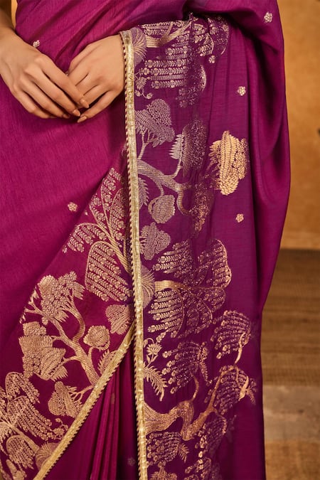 Masaba_Purple Jacquard Zari Berry Wine Zen Saree With Unstitched Blouse Piece _Online_at_Aza_Fashions