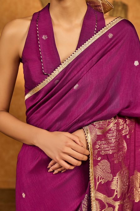 Buy_Masaba_Purple Jacquard Zari Berry Wine Zen Saree With Unstitched Blouse Piece _Online_at_Aza_Fashions