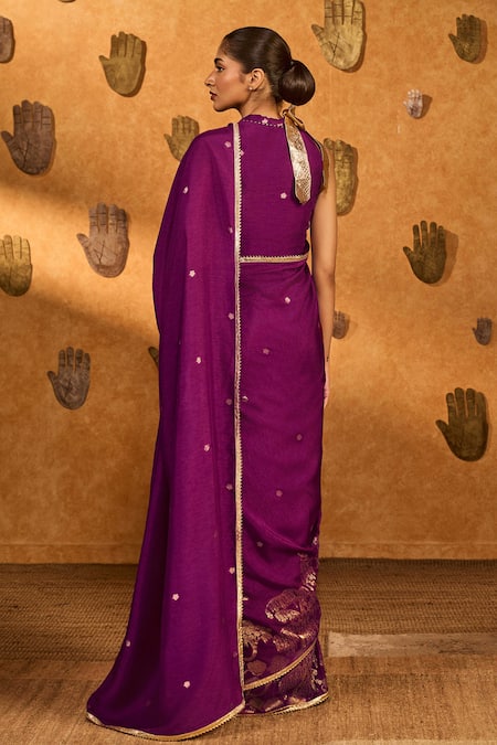 Masaba Berry Wine Zen Saree With Unstitched Blouse Piece 