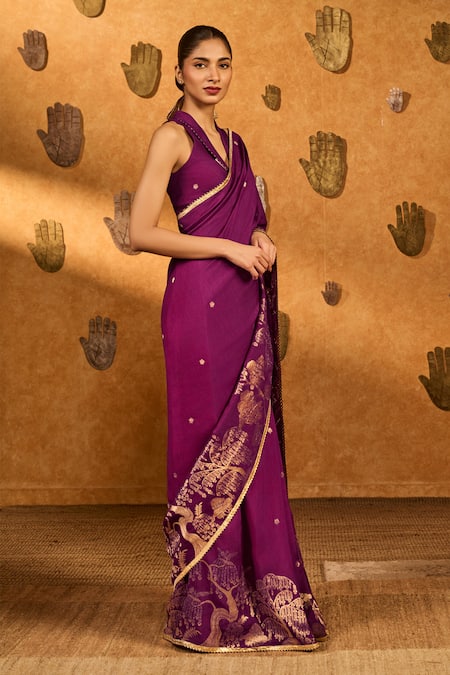 Shop_Masaba_Purple Jacquard Zari Berry Wine Zen Saree With Unstitched Blouse Piece _Online_at_Aza_Fashions
