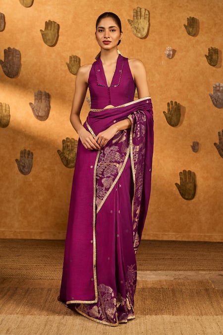 Masaba_Purple Jacquard Zari Berry Wine Zen Saree With Unstitched Blouse Piece _at_Aza_Fashions